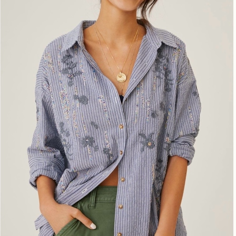 Anthropologie Pilcro Blue Striped Floral Button Down Shirt